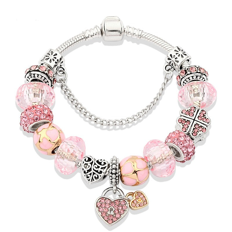 Pink Bracelet, Light Pink Charm Bracelet, Pink Bead Charm Bracelet, Pink Crystal Charm Bracelet, Pink Lampwork, Pink Jewelry, Soft Pink