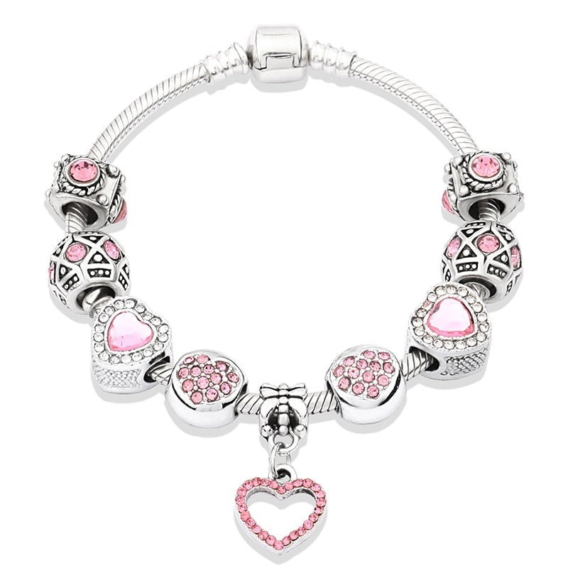 PANDORA SILVER CHARM BRACELET WITH ROSE & PINK CZ LOVE HEART THEMED CHARMS  & BOX | eBay